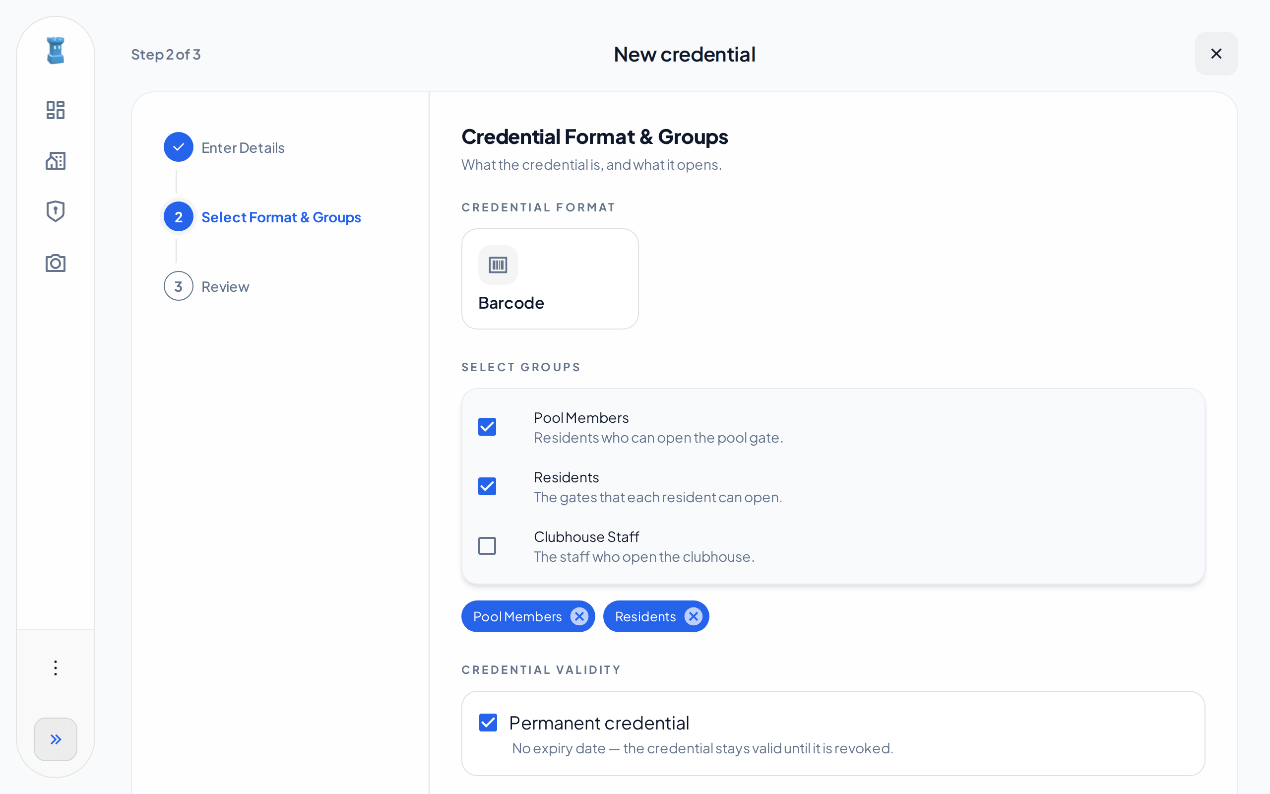 Step 2 of the New credential wizard, with the format cards of the community