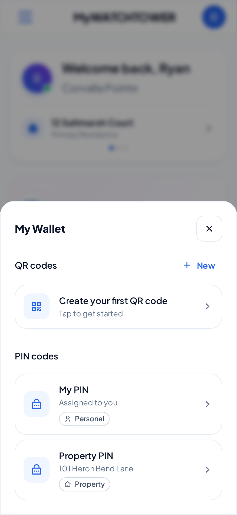 The PIN codes section of My Wallet on a phone. My PIN has the Personal label, and the Property PIN of 101 Heron Bend Lane has the Property label.