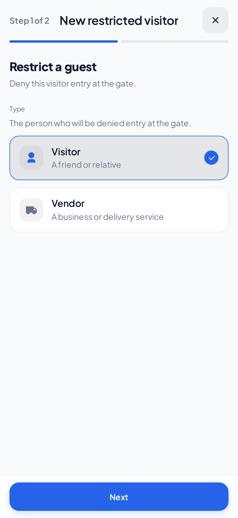 The Restrict a guest step on a phone, with the Visitor and Vendor cards