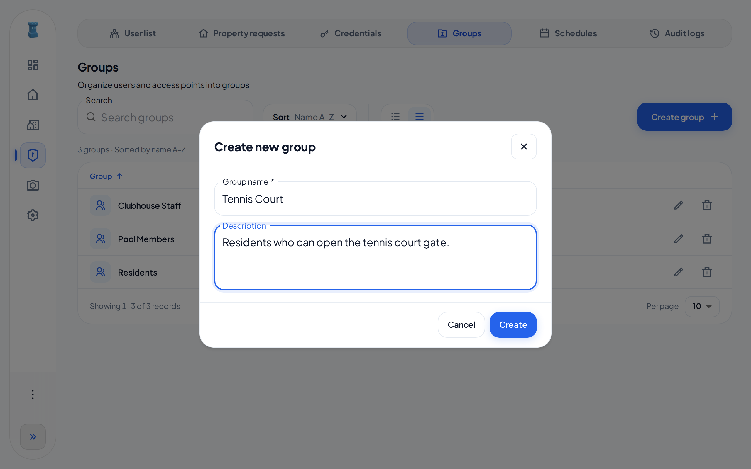 The Create new group dialog with the name Tennis Court and a description.