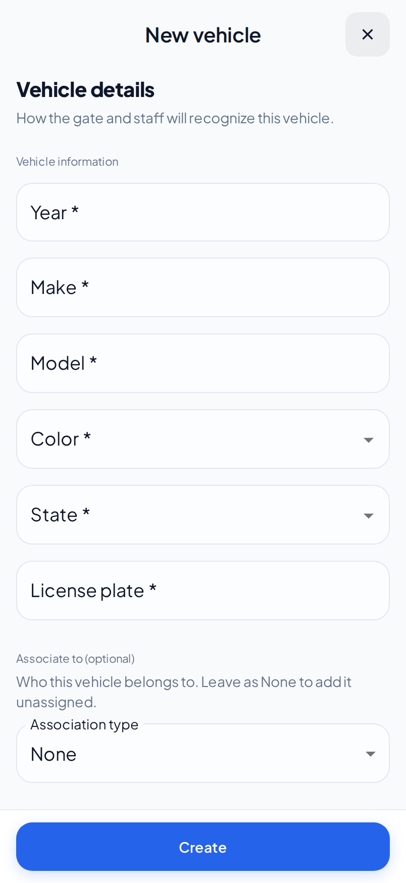 The Vehicle details step on a phone, with the vehicle fields and the Associate to section