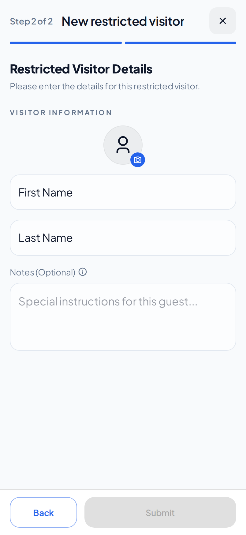The Restricted Visitor Details step on a phone, with the photo, the name fields and the notes