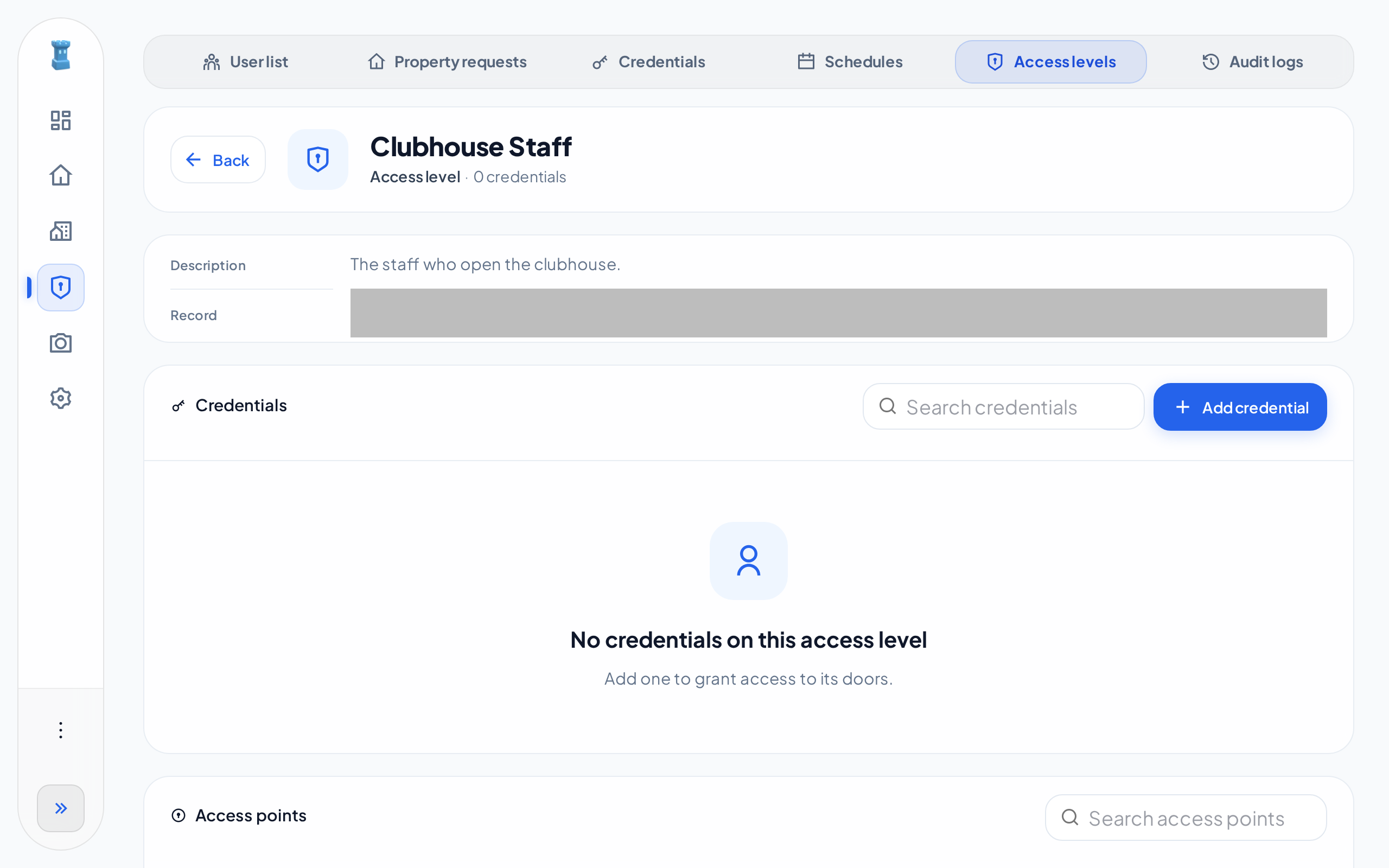 The page of the Clubhouse Staff access level. The Credentials list has no credentials and shows the Add credential button. The Access points list starts under it.