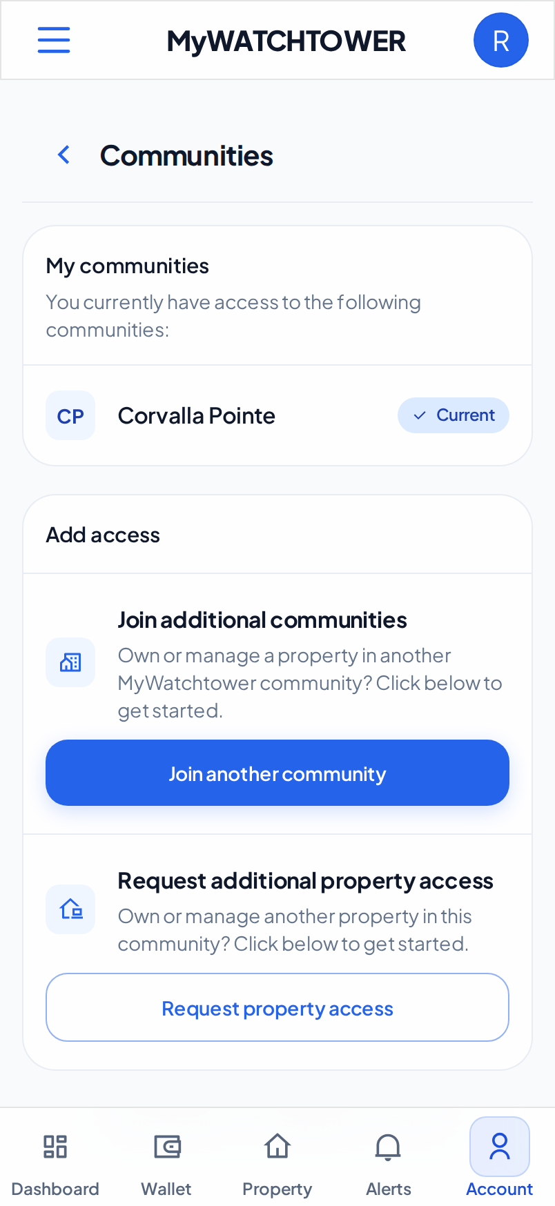The Communities section of the Account page on a phone, with the Join another community and Request property access buttons