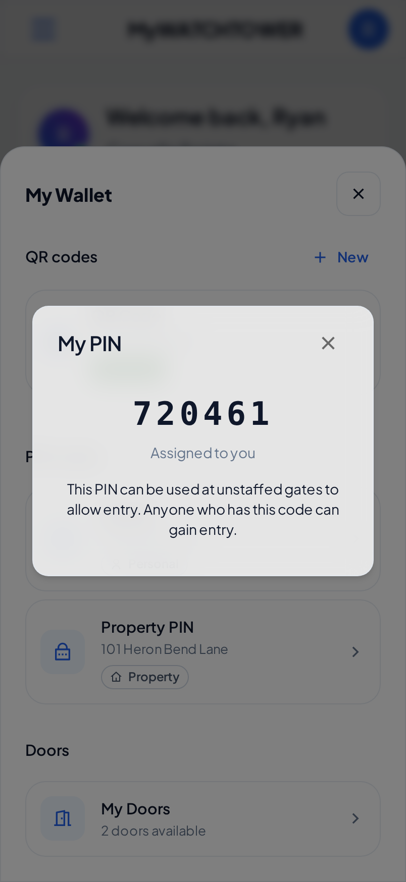The My PIN dialog on a phone. It shows the PIN digits, the line Assigned to you, and a note that anyone with this code can enter.