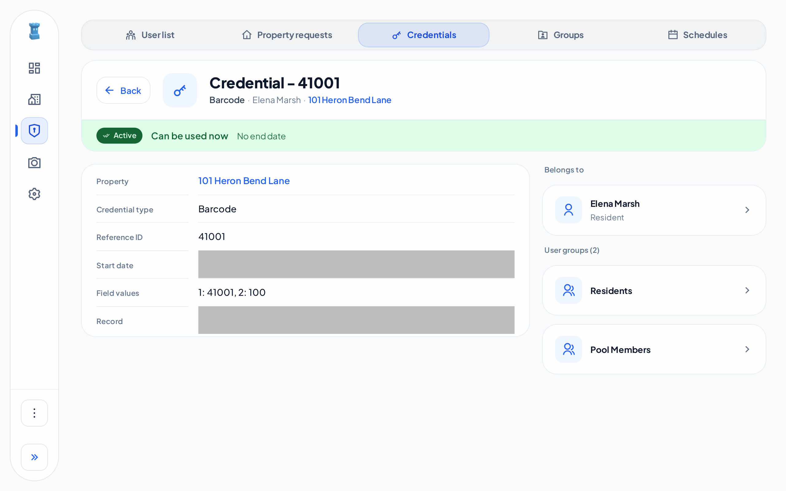 The page of credential 41001, with its holder, its values and its groups