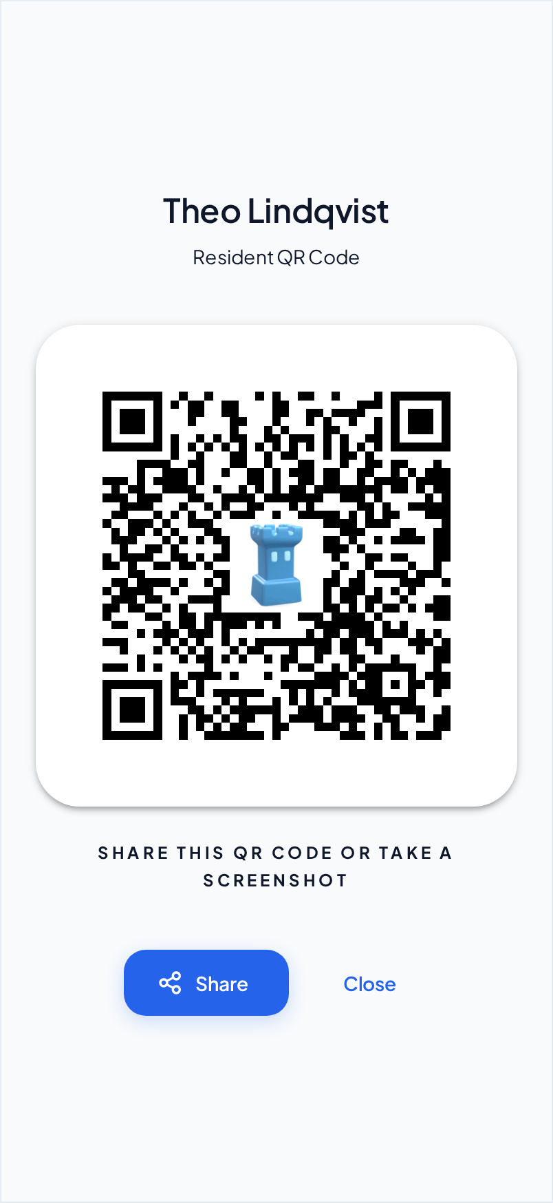 A QR code at full screen on a phone. The name Theo Lindqvist is above the code, and the Share and Close buttons are under it.