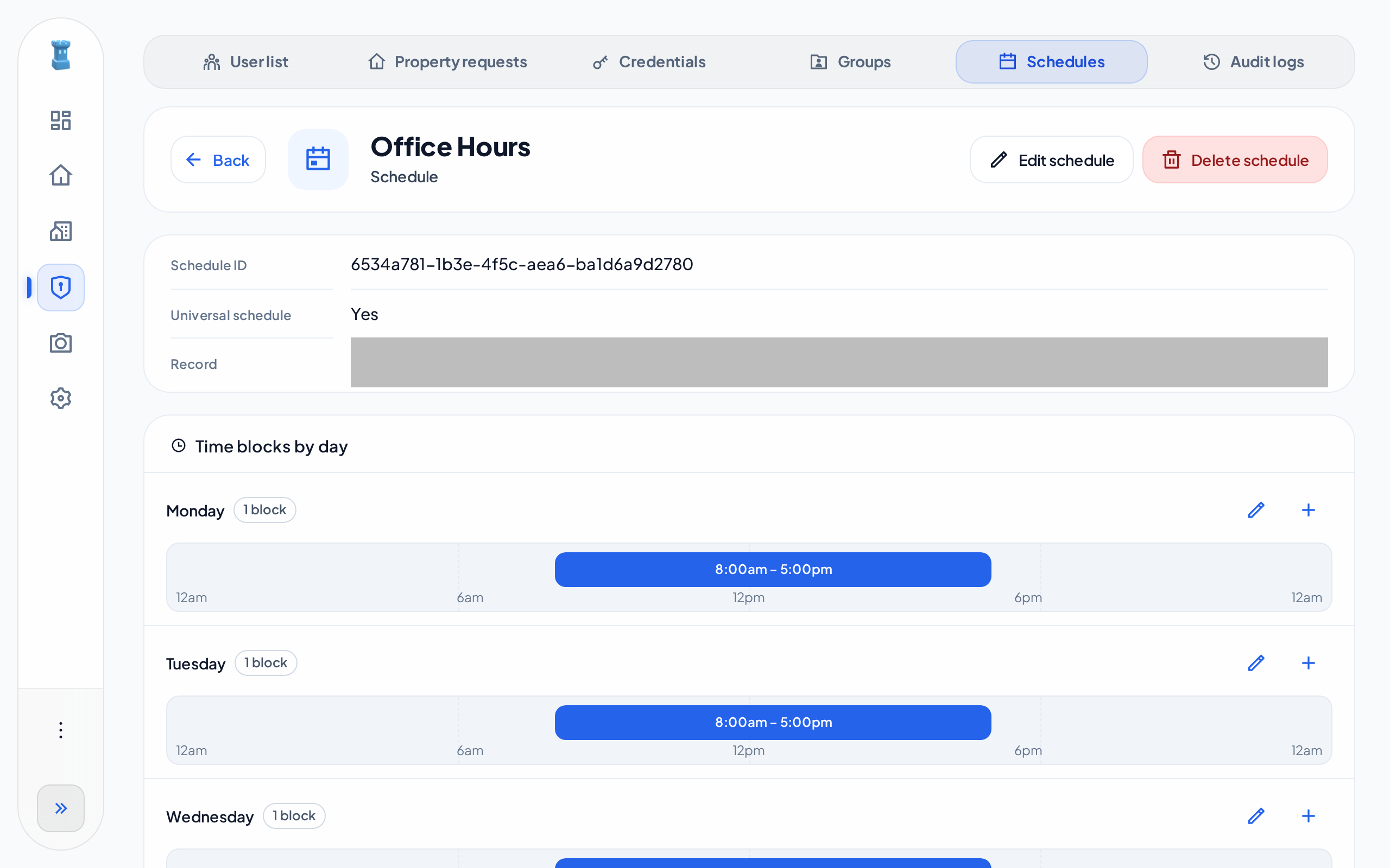 The page of the Office Hours schedule, with the Edit schedule and Delete schedule buttons. Monday has one block from 8:00am to 5:00pm.