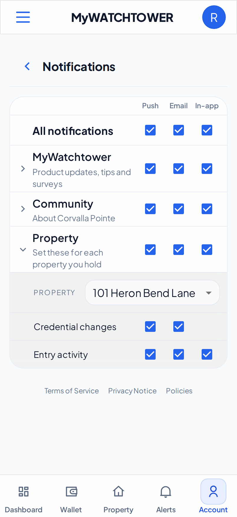 The Property category open on a phone, with the property list and the entry activity and credential change rows