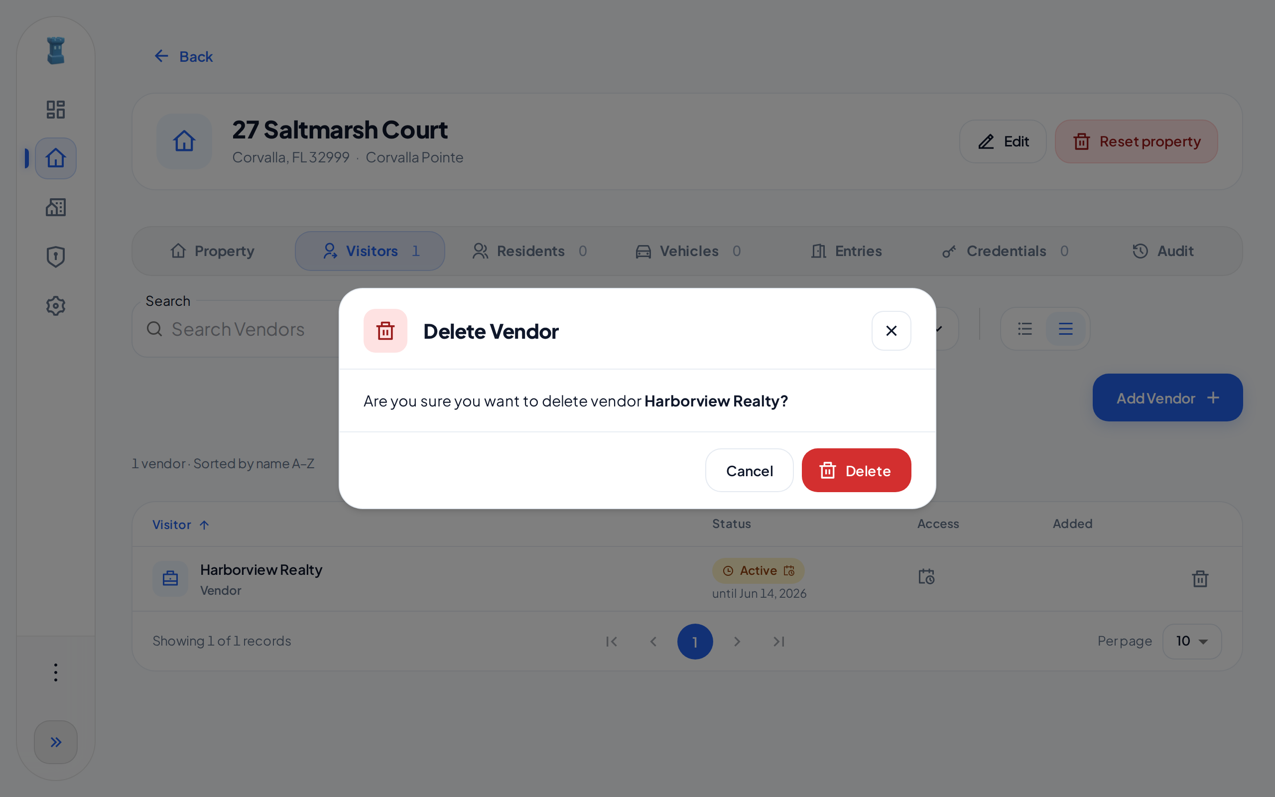 The Delete Vendor dialog for Harborview Realty on a computer, with the Cancel and Delete buttons