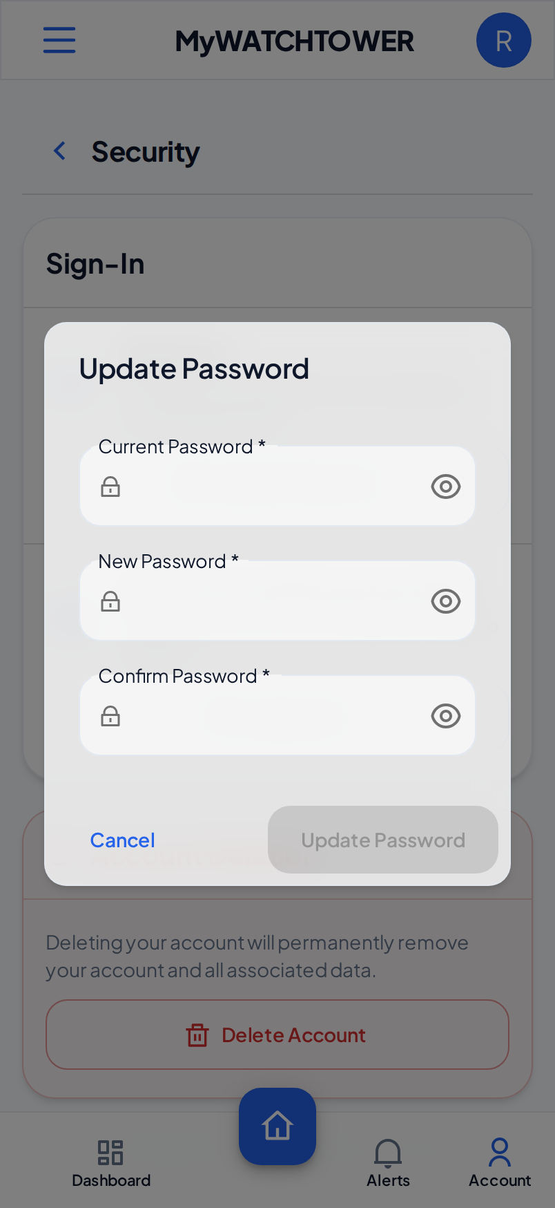 The Update Password dialog on a phone, with the Current Password, New Password and Confirm Password fields