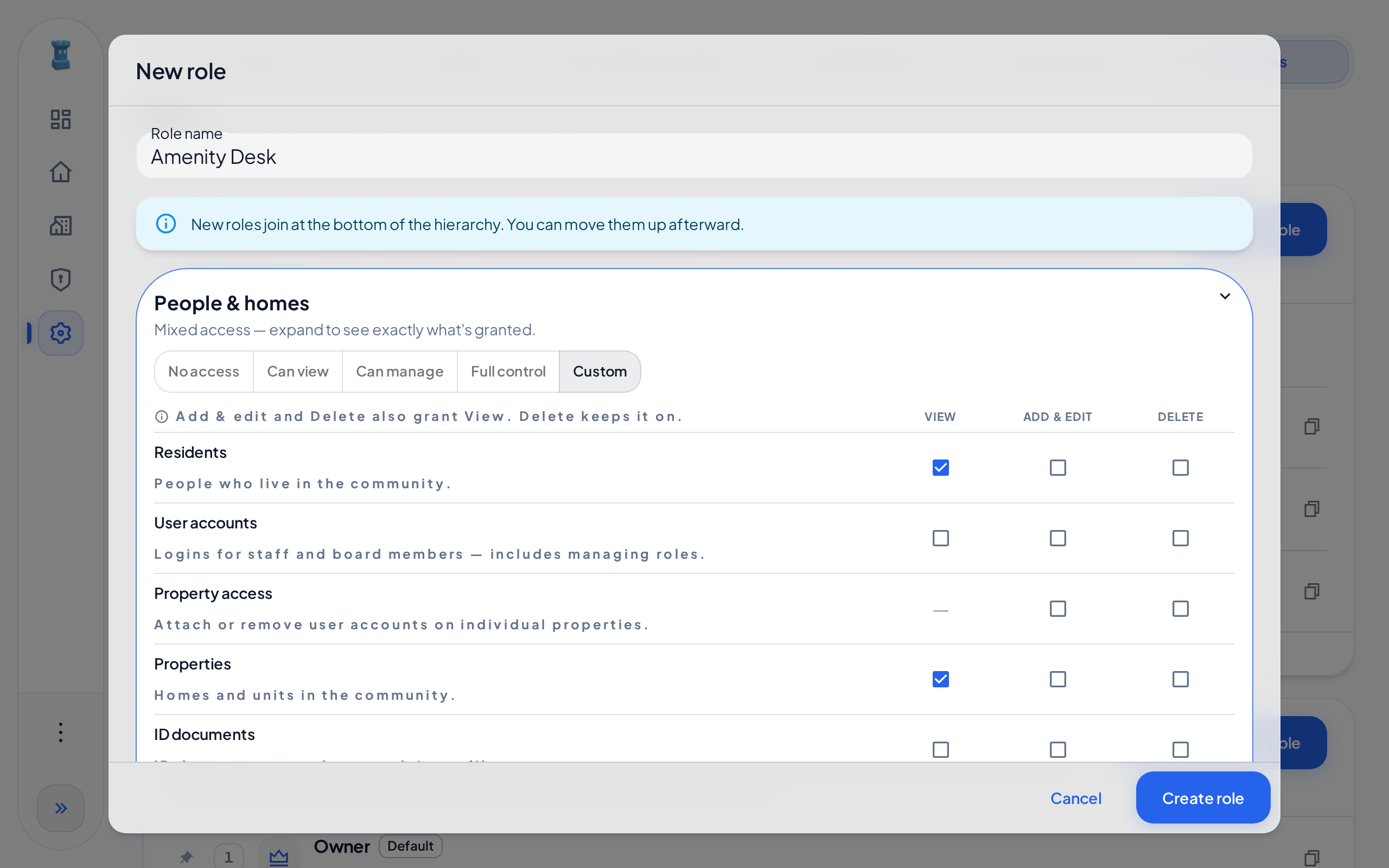The People & homes card open in the New role dialog. View is selected for Residents and for Properties, so the card shows Custom.