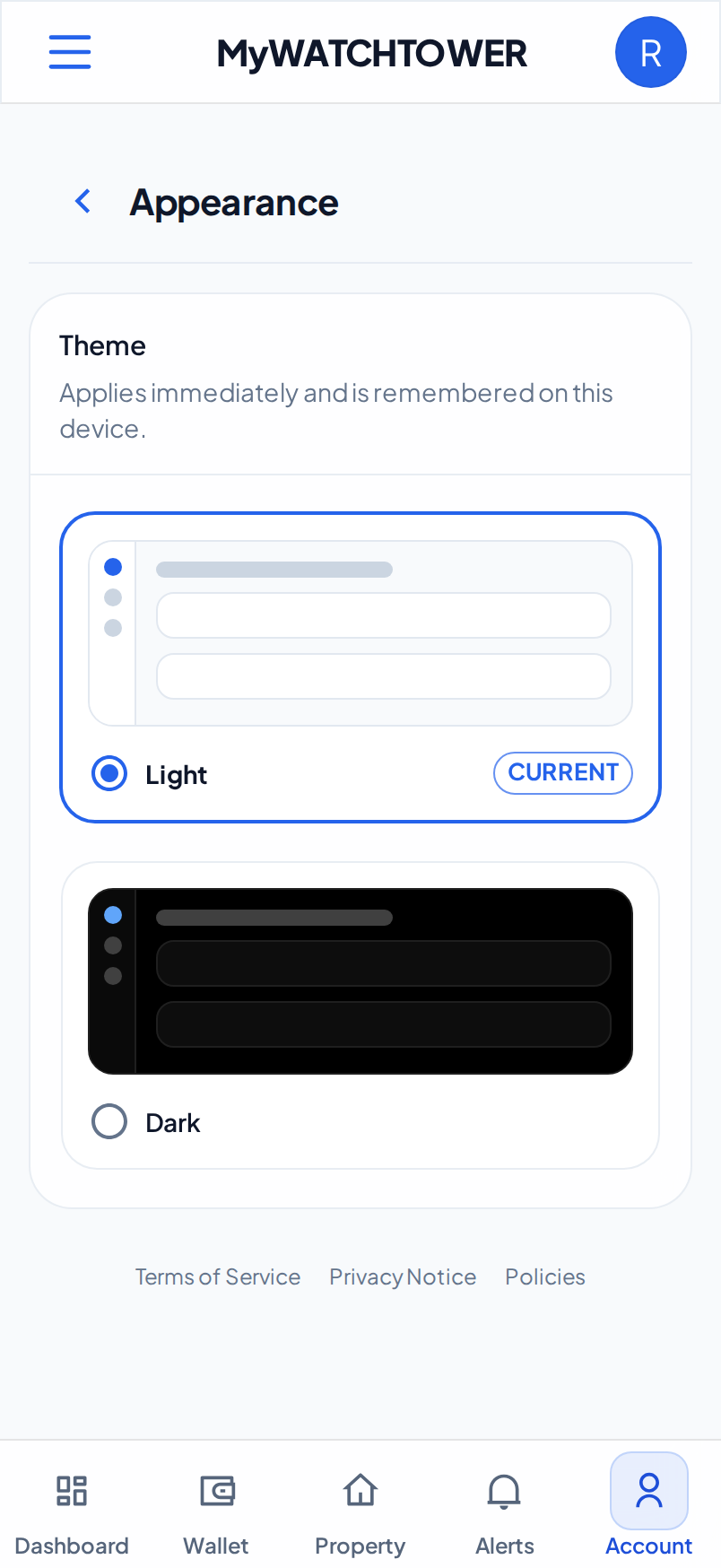 The Theme card on a phone, with Light selected