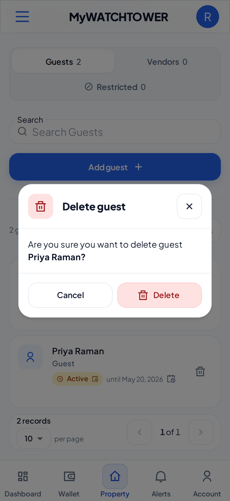 The Delete guest dialog on a phone, with the Cancel and Delete buttons