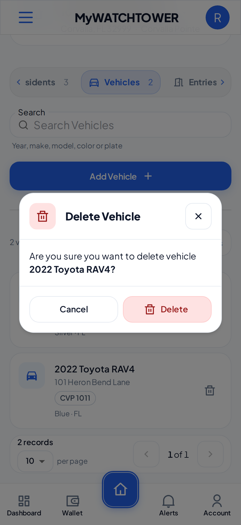 The Delete Vehicle dialog on a phone, which asks to confirm the delete of a 2022 Toyota RAV4