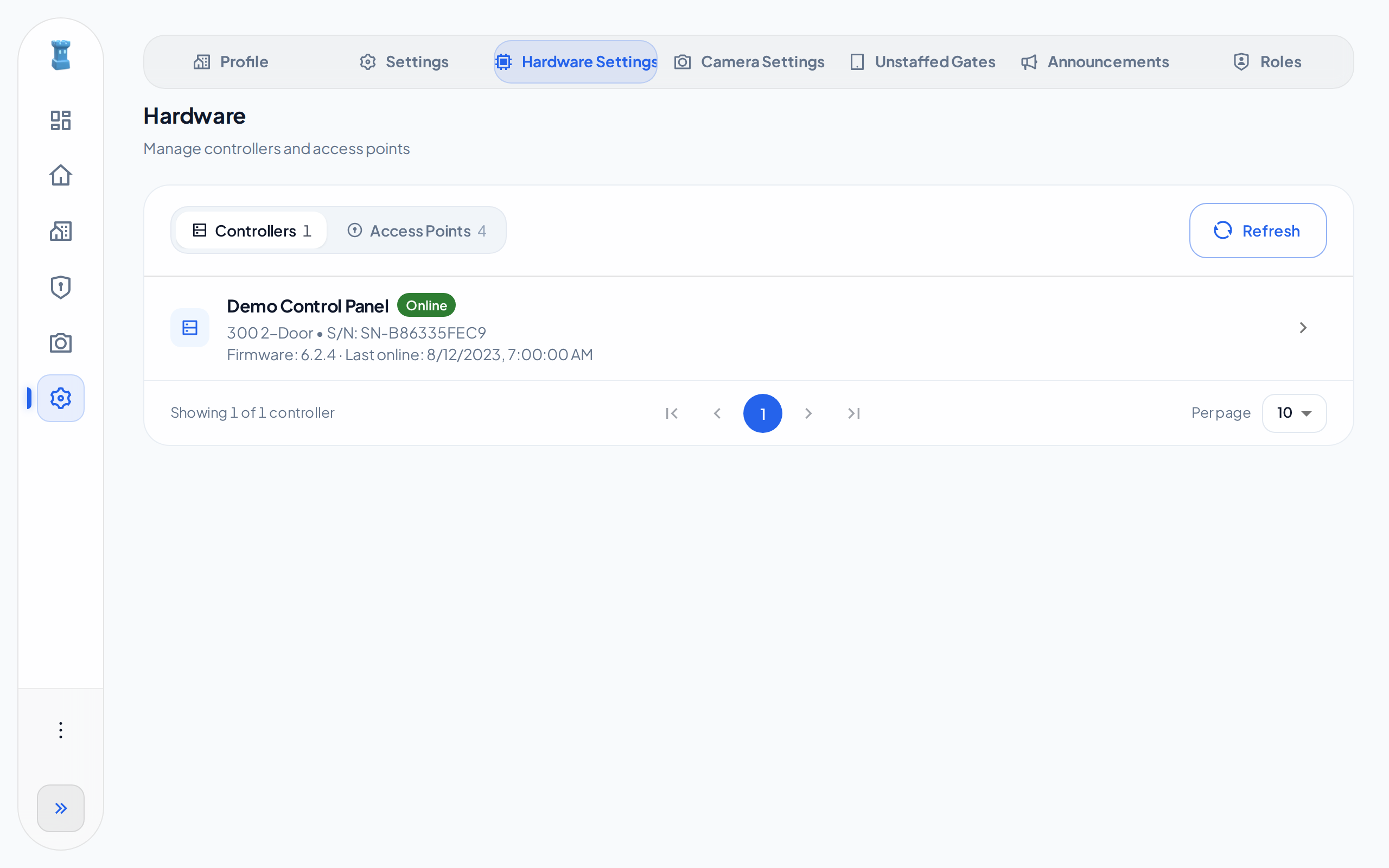 The Controllers tab of the Hardware Settings page, with one Brivo control panel that is online