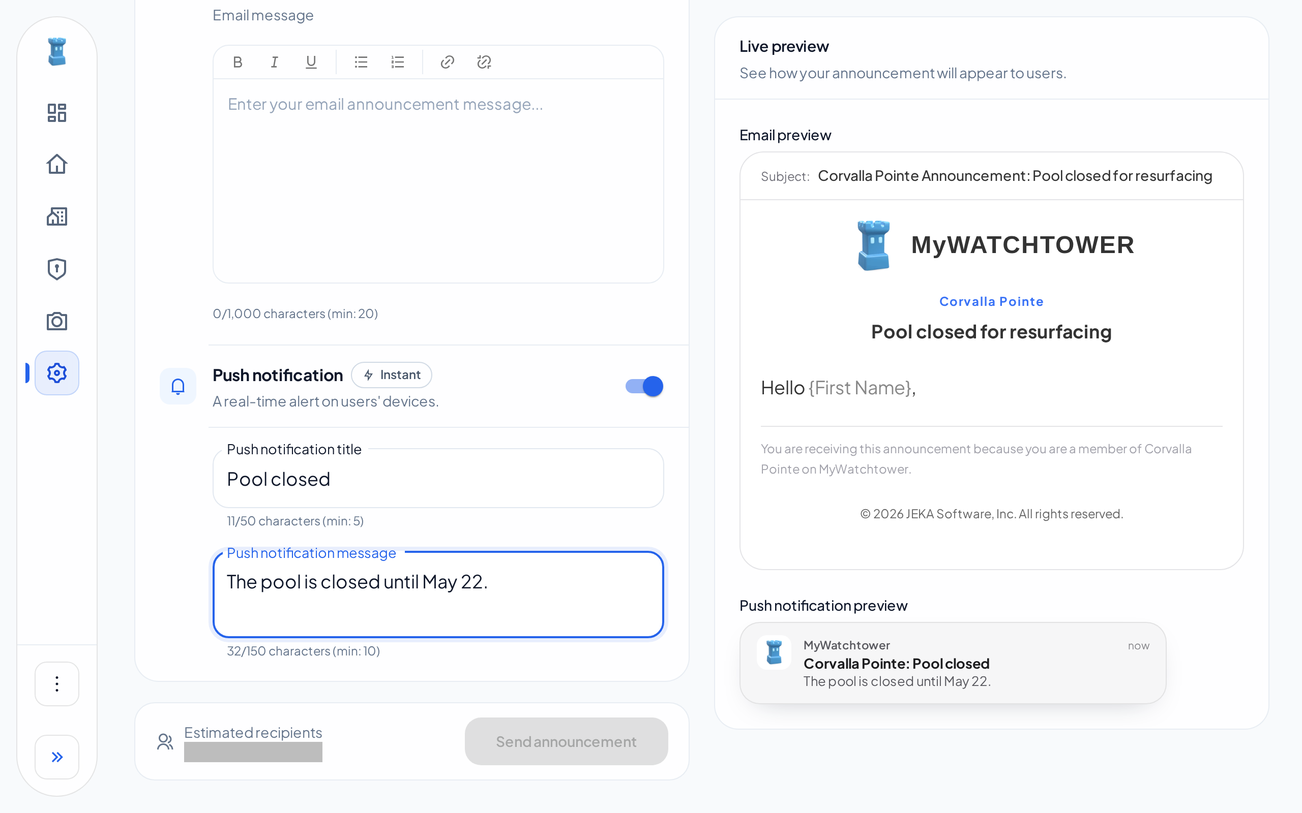 The New announcement tab with a sample push notification, and the Live preview of the email and the push notification