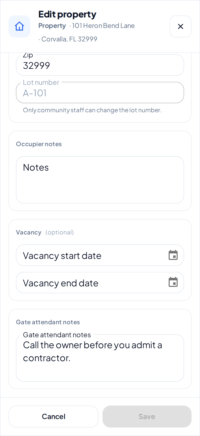 The lower part of the Edit property dialog on a phone, with the Vacancy and Gate attendant notes sections