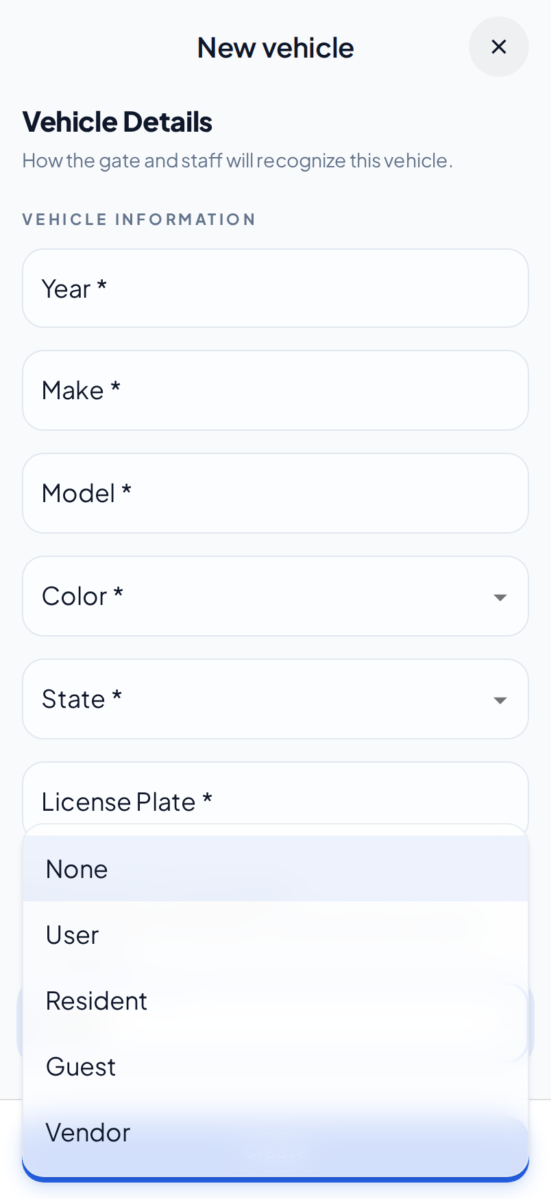 The Vehicle Details step on a phone with the Association Type menu open. The menu shows None, User, Resident, Guest and Vendor.
