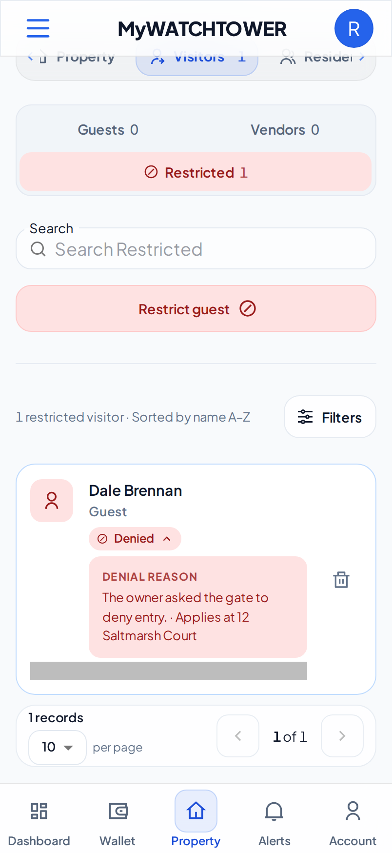 The Restricted view of the Visitors tab, with the denial reason of a guest open