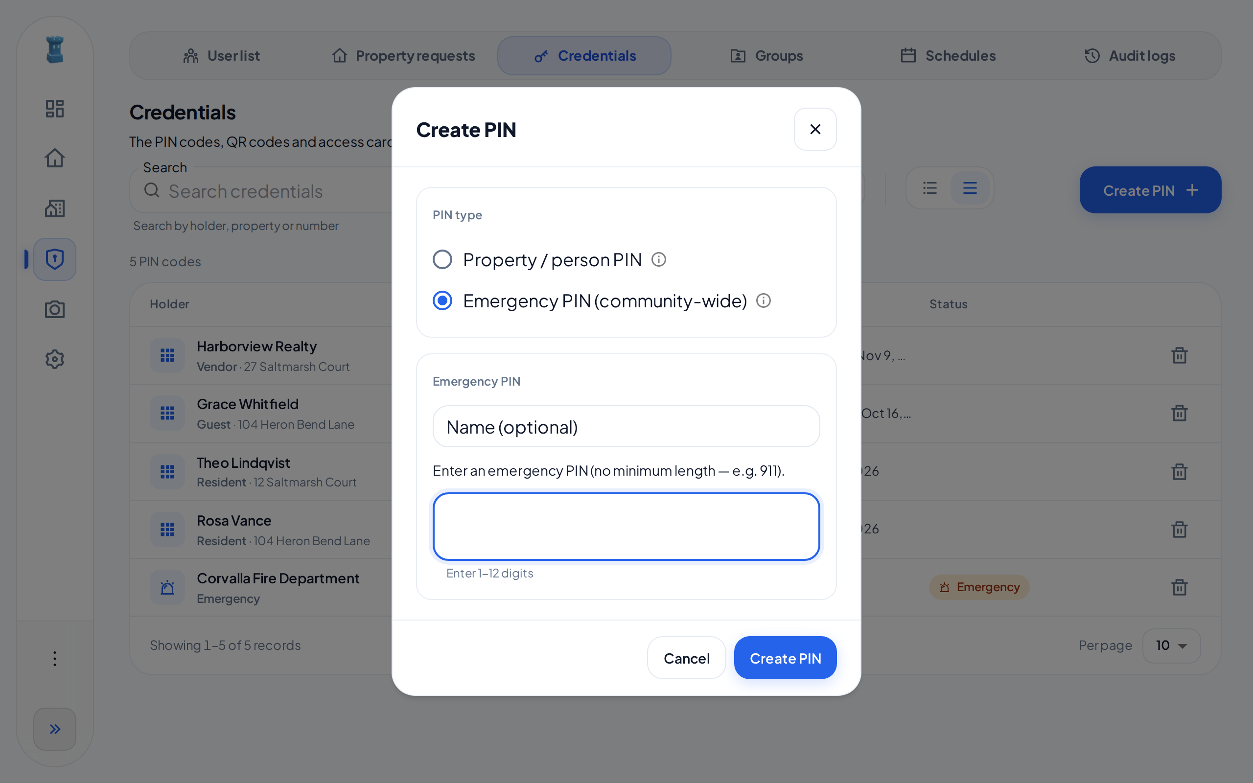 The Create PIN dialog for an Admin. Emergency PIN (community-wide) is selected, and the dialog shows the Name (optional) field and an empty code field.