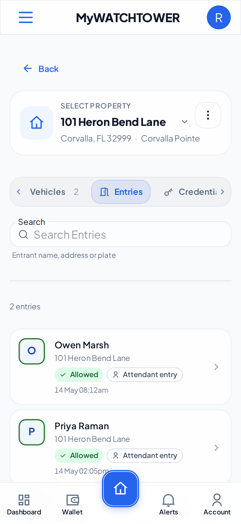 The Entries tab of a property on a phone, with two allowed entries