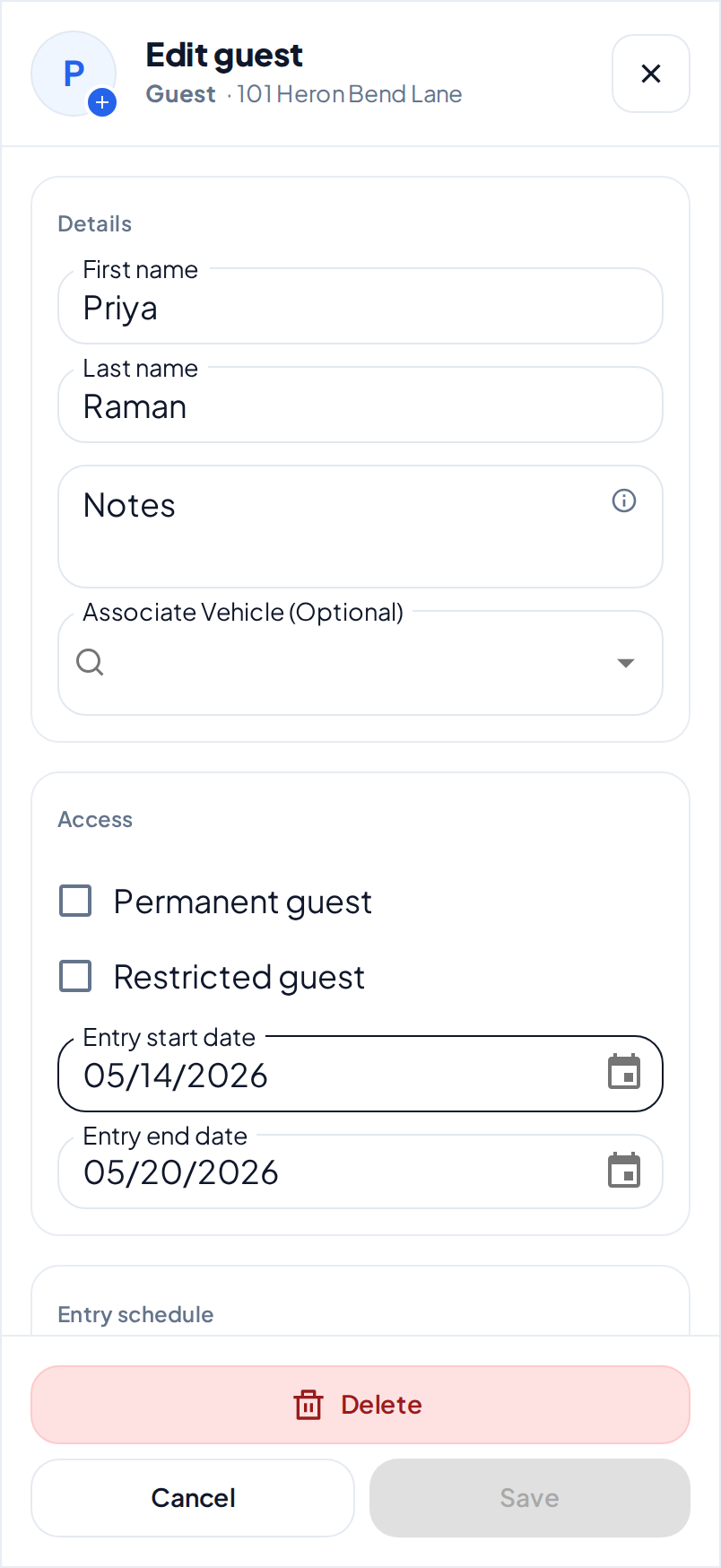 The Edit guest dialog on a phone, with the name, notes, vehicle, access and entry dates of a guest, and Delete above Cancel and Save