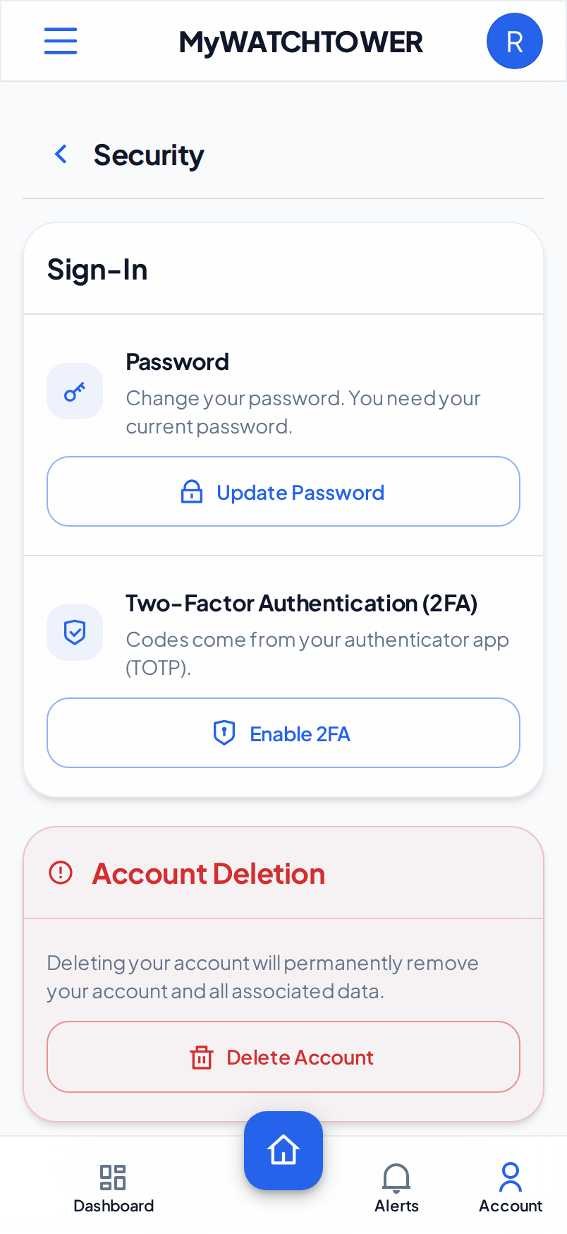 The Security section on a phone, with the Sign-In card and the Account Deletion card