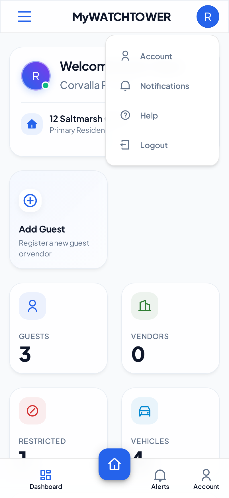 The avatar menu at the top of a phone screen, with Account, Notifications, Help and Logout
