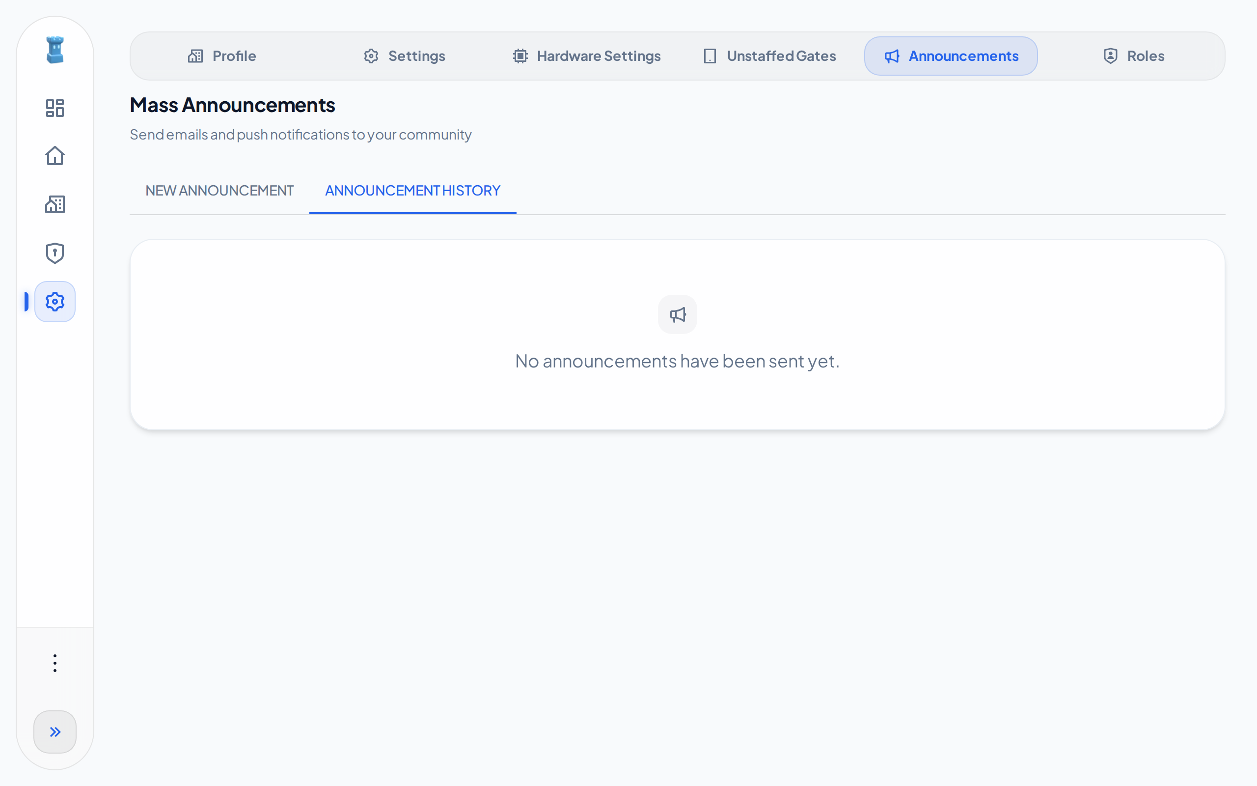 The Announcement History tab of a community that sent no announcement yet