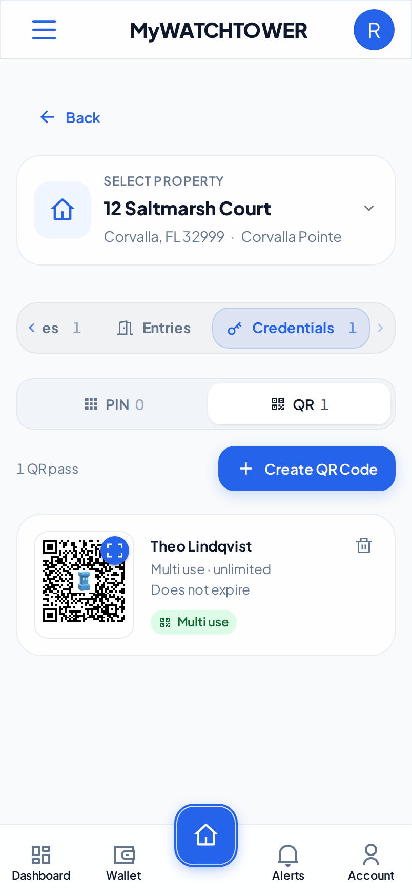 The QR view of the Credentials tab on a phone. One card shows a small QR code for Theo Lindqvist, with Multi use, unlimited and Does not expire.