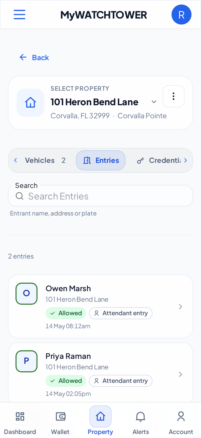 The Entries tab of a property on a phone, with two recent entries