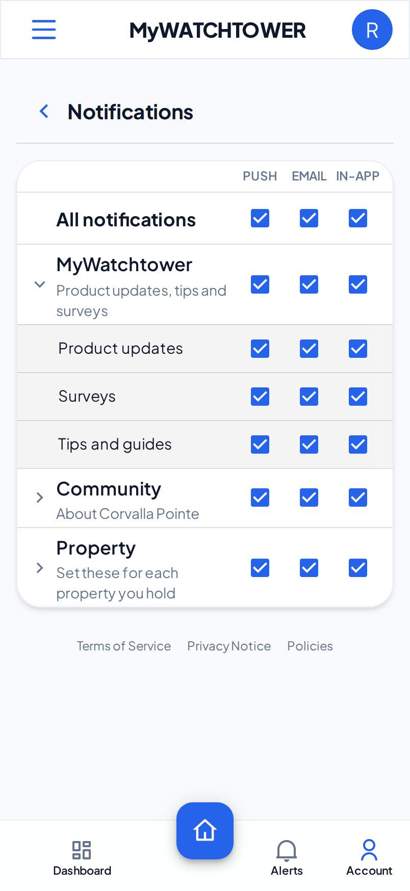 The MyWatchtower category open on a phone, with the Product updates, Surveys and Tips and guides rows and a box for each channel