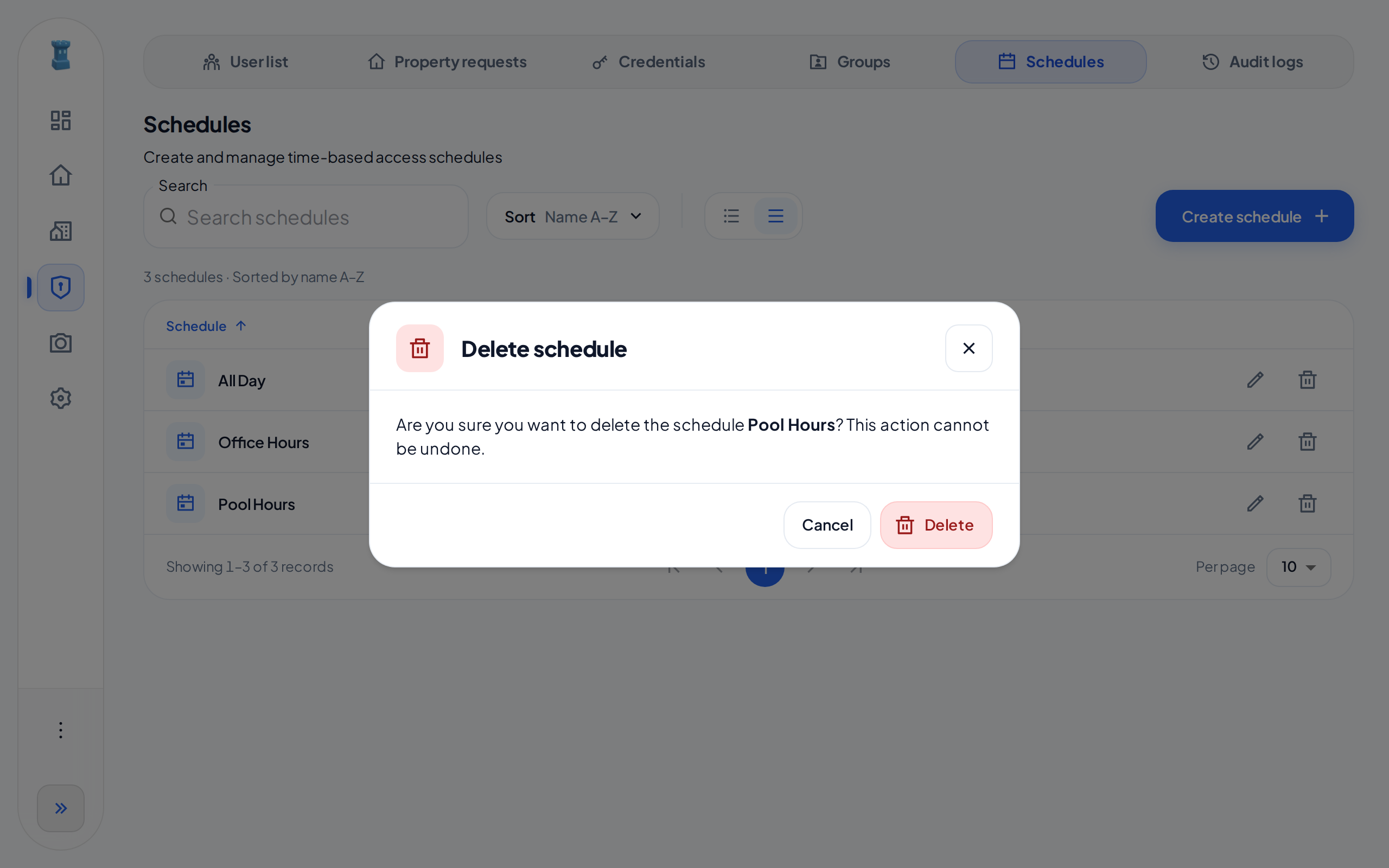 The Delete schedule dialog for Pool Hours, with Cancel and Delete.
