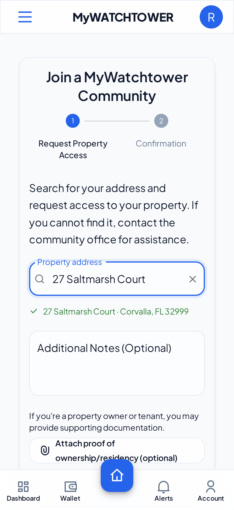 The Join a MyWatchtower Community page on a phone, with 27 Saltmarsh Court selected and a green check mark under the address field, the notes field and the attach button