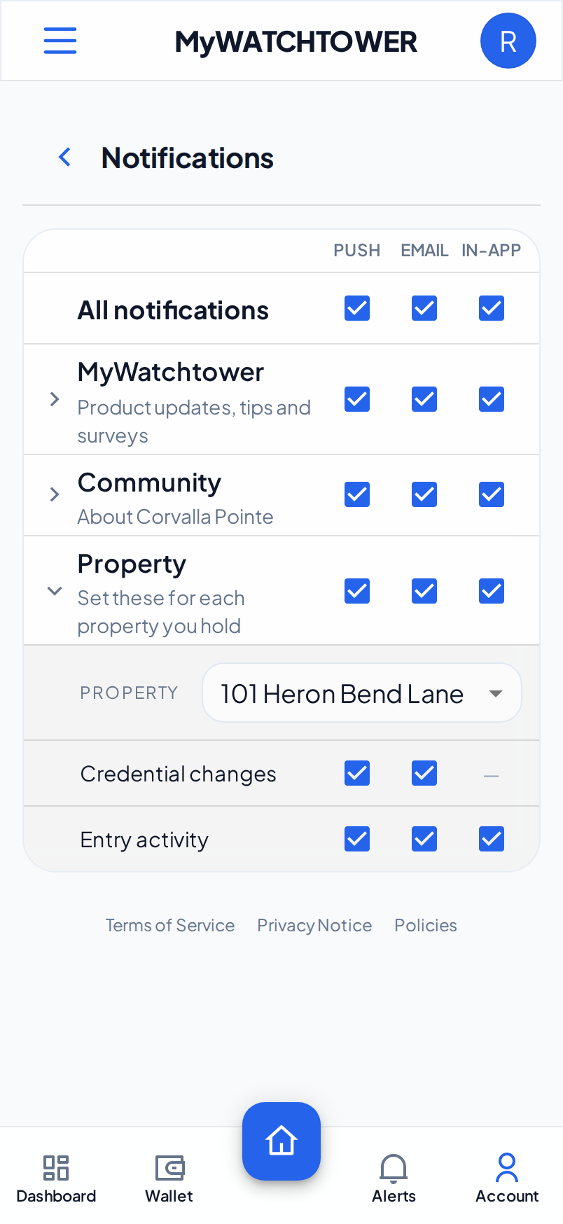 The Property category open on a phone, with the property list and the entry activity and credential change rows