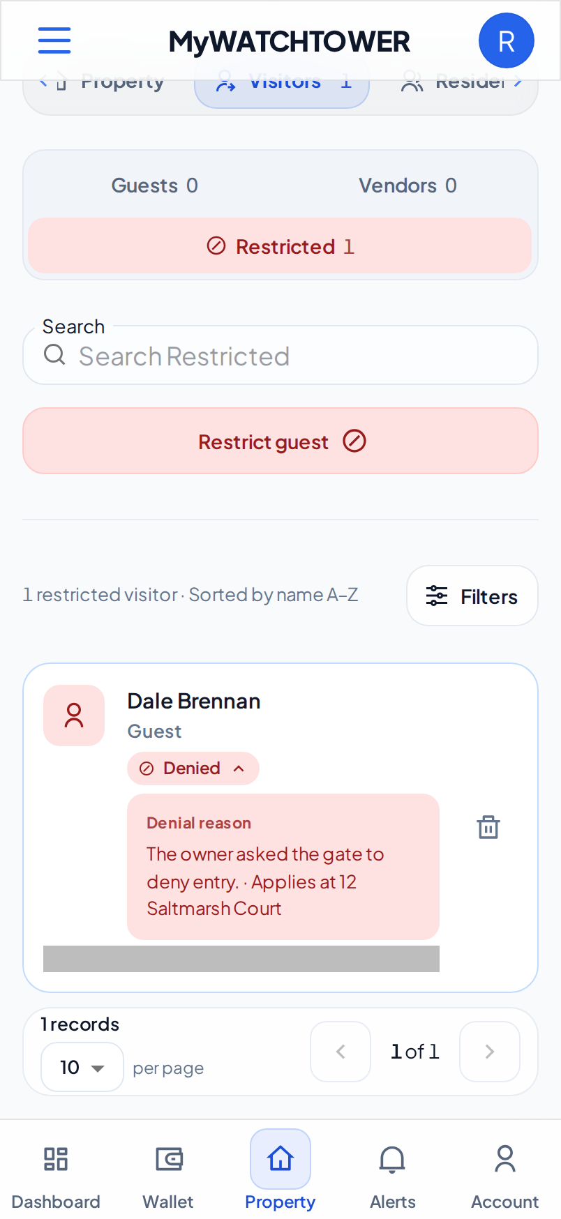 The Restricted view of the Visitors tab, with the denial reason of a guest open