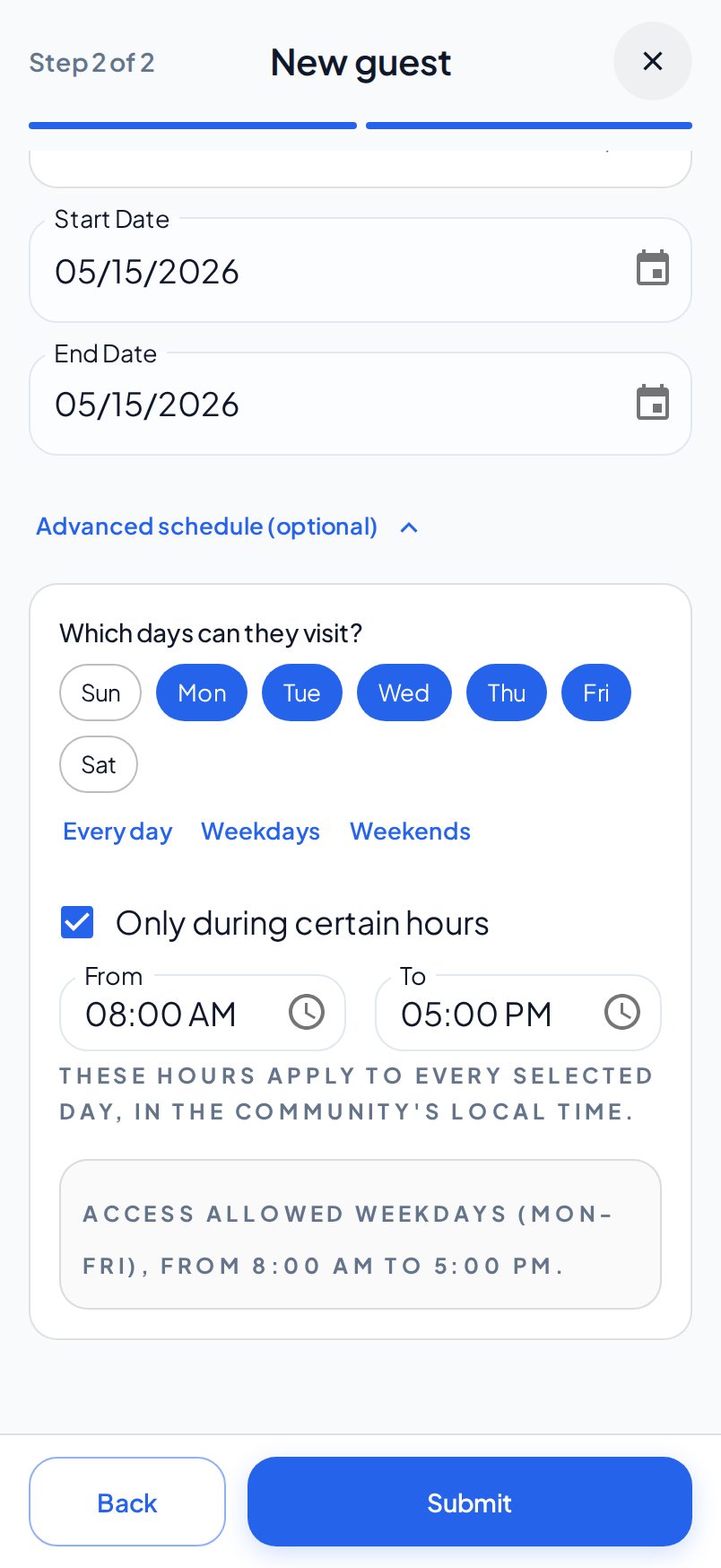 The Access step on a phone. The advanced schedule shows the weekdays selected, the hours from 8:00 AM to 5:00 PM and the summary.