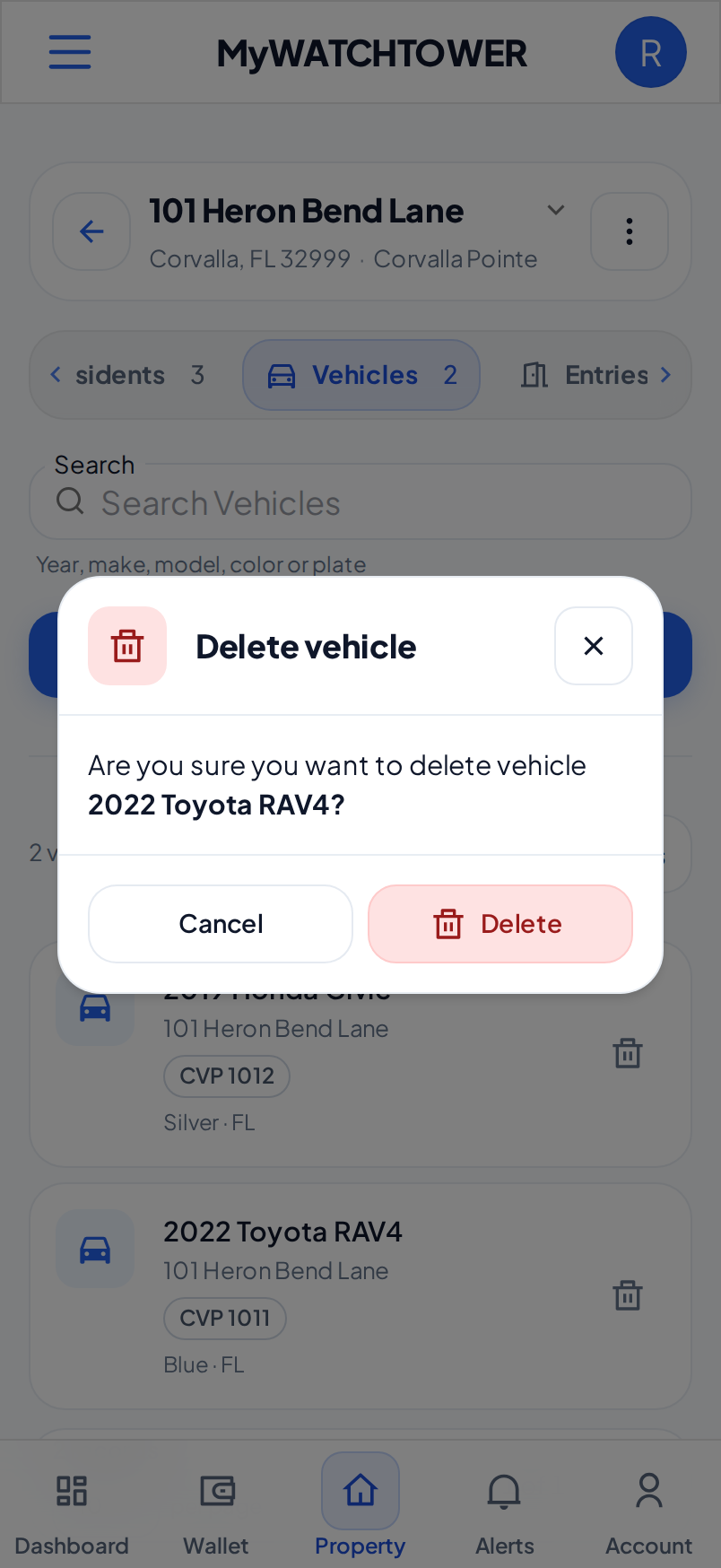 The Delete vehicle dialog on a phone, which asks to confirm the delete of a 2022 Toyota RAV4