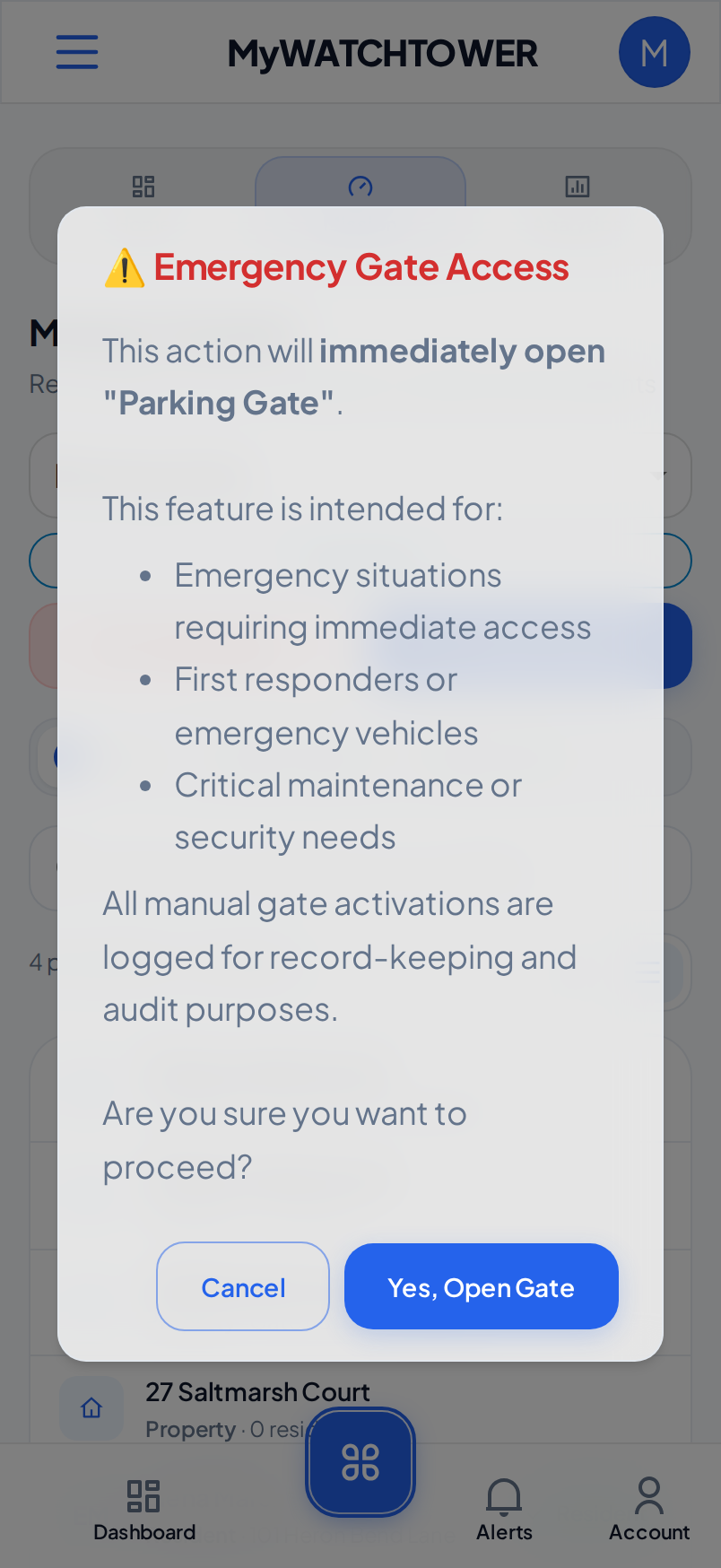 The Emergency Gate Access dialog on a phone, for Parking Gate, with the Cancel and Yes, Open Gate buttons.
