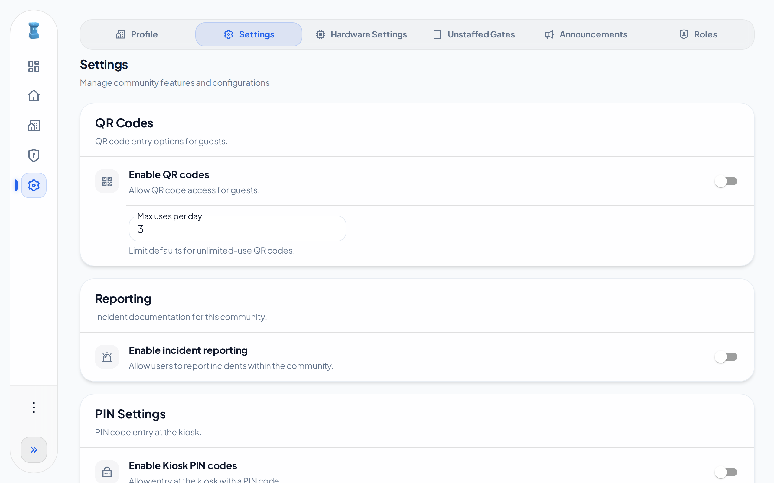 The Settings tab with the QR Codes, Reporting and PIN Settings cards