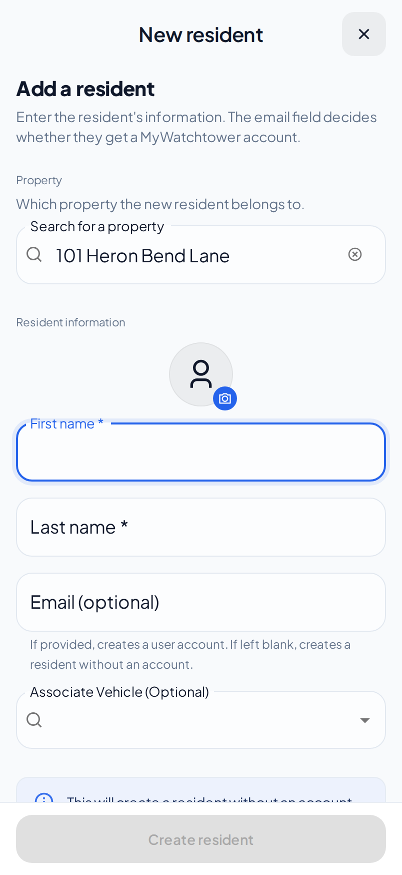 The New resident page, with the property filled in and the name and email fields empty