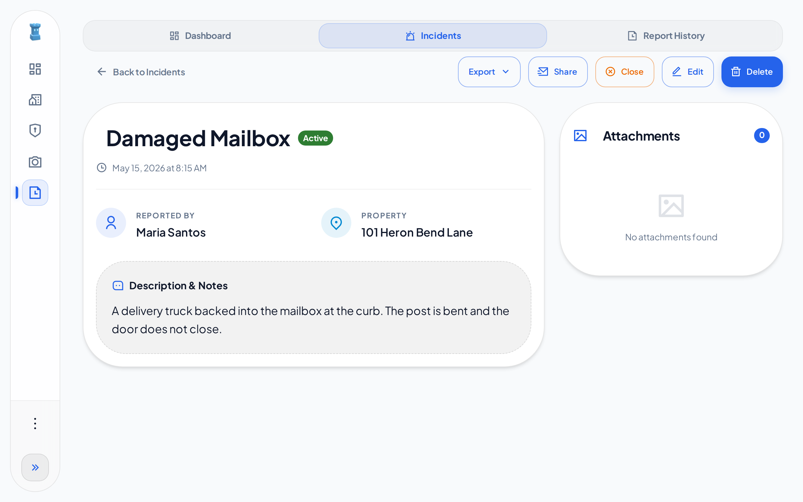 The page of an incident, with the Share button in the bar at the top
