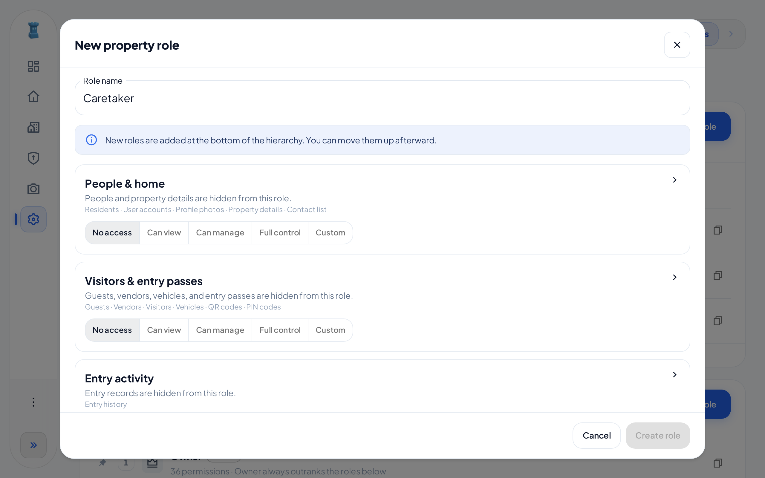 The New property role dialog with the name Caretaker. Each card shows No access, so Create role is not available.
