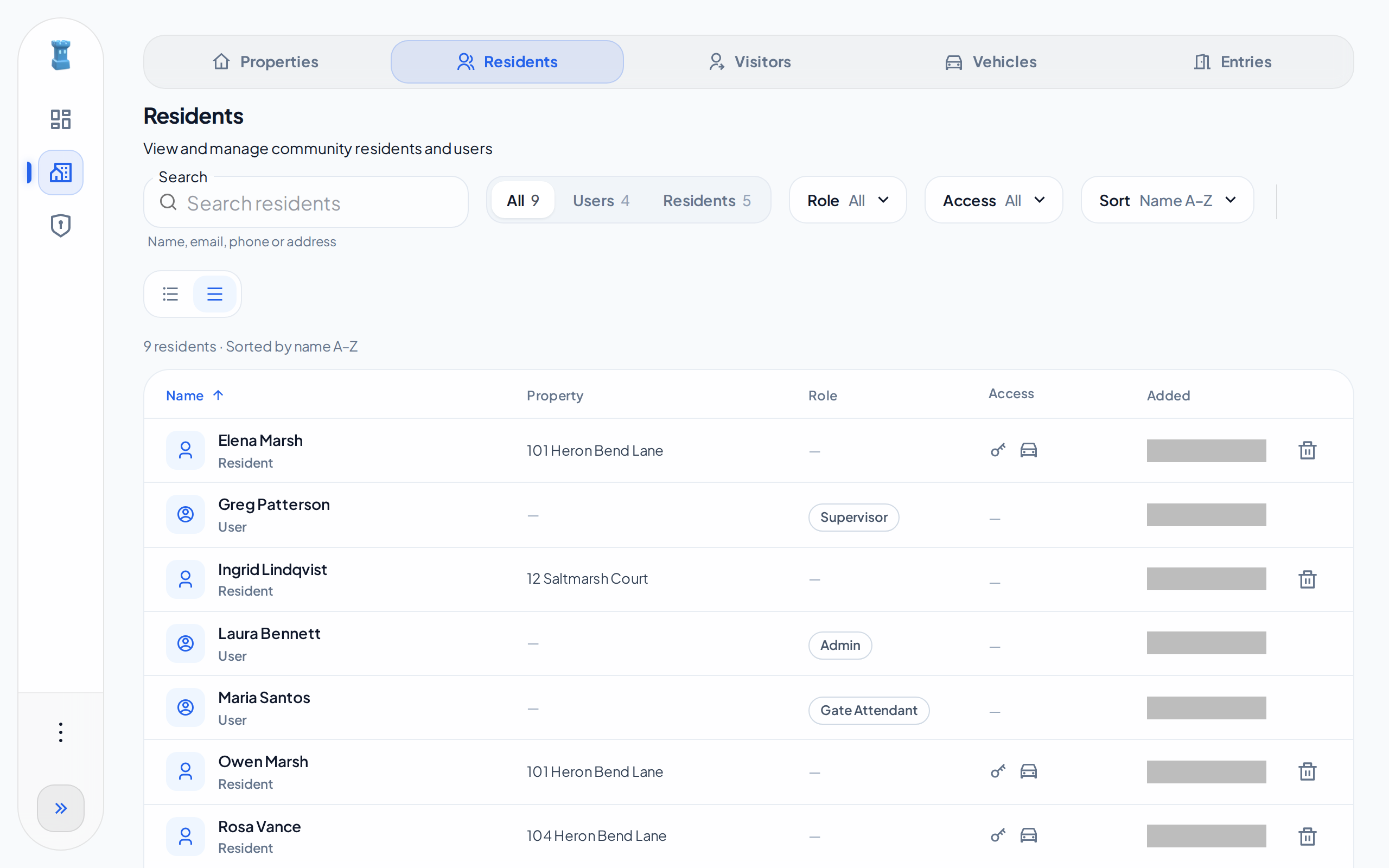 The Residents page on a computer, with All, Users and Residents, the Role and Access filters, and resident and user rows with their properties, roles and access icons