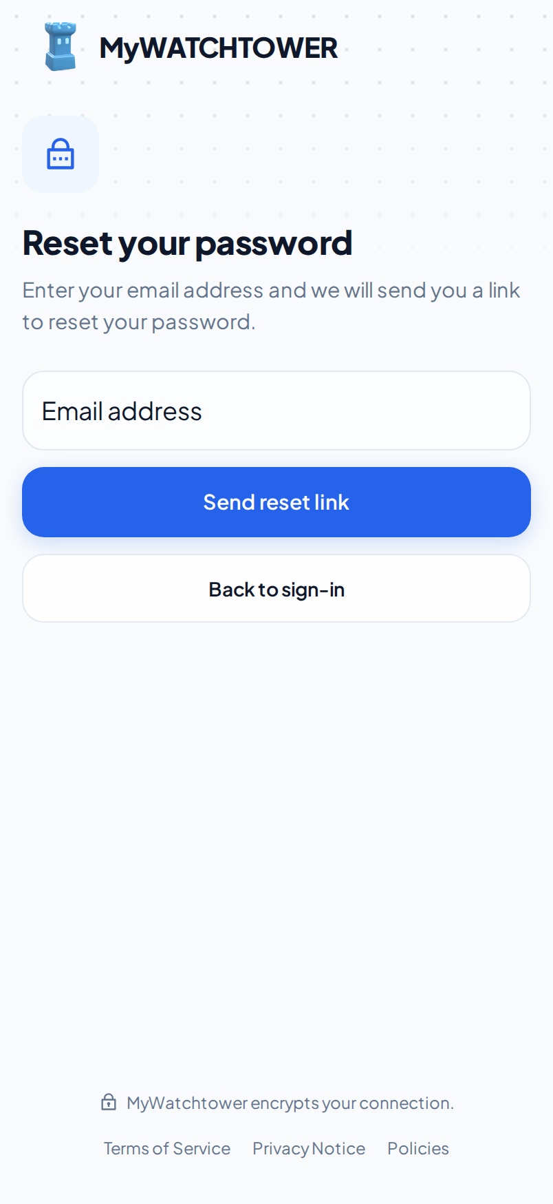 The Reset your password page on a phone, with the Email address field and the Send reset link button
