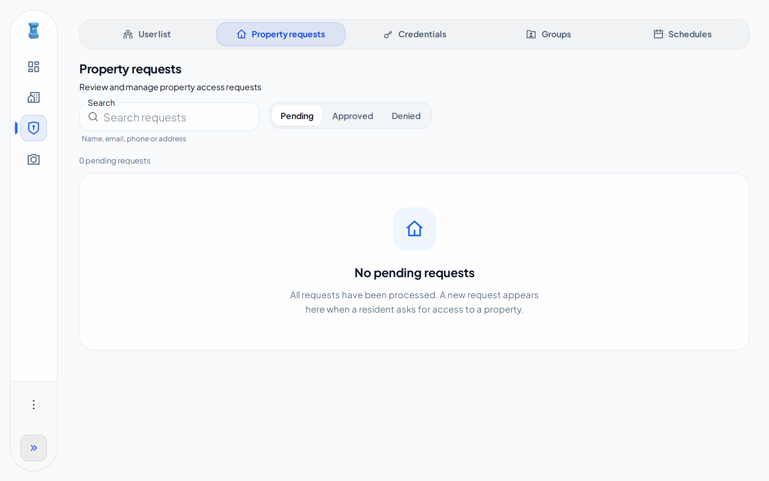 The Property requests tab with the Pending status selected and no pending requests