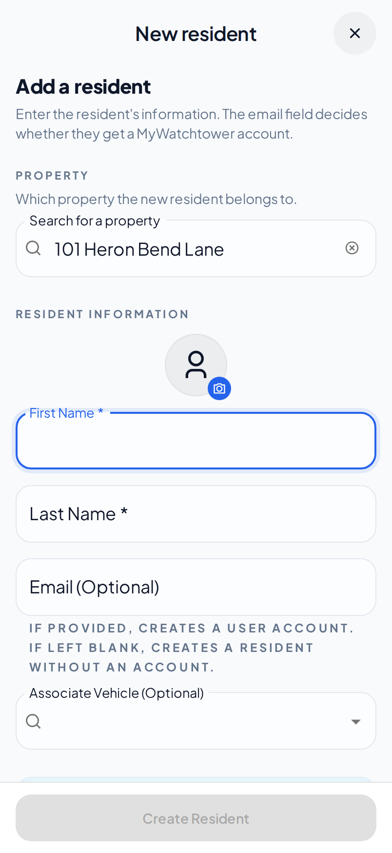 The Add a resident form on a phone, with the Email (Optional) field and its help text