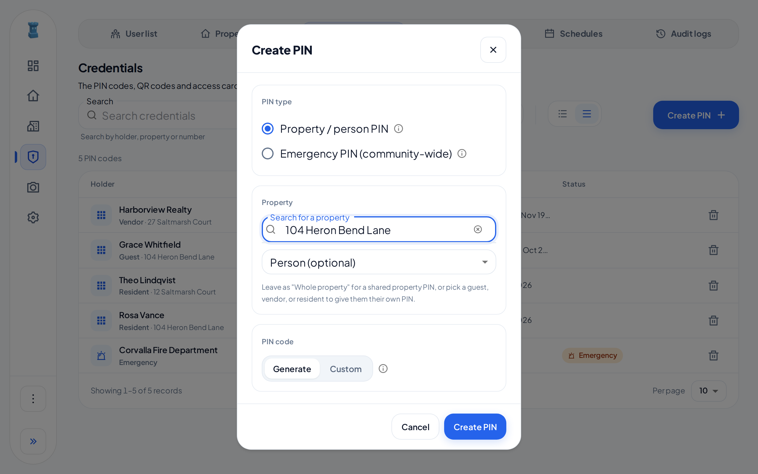 The Create PIN dialog for an Admin. Property / person PIN is selected, the property is 104 Heron Bend Lane, and the dialog shows the Person (optional) field, and Generate and Custom.