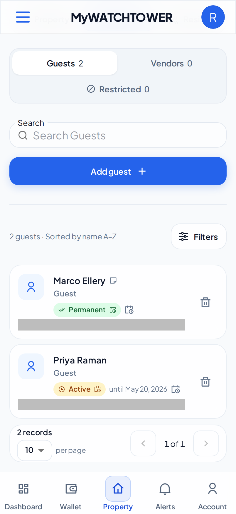 The Visitors tab of a property on a phone, with Guests selected at the top and two guests in the list